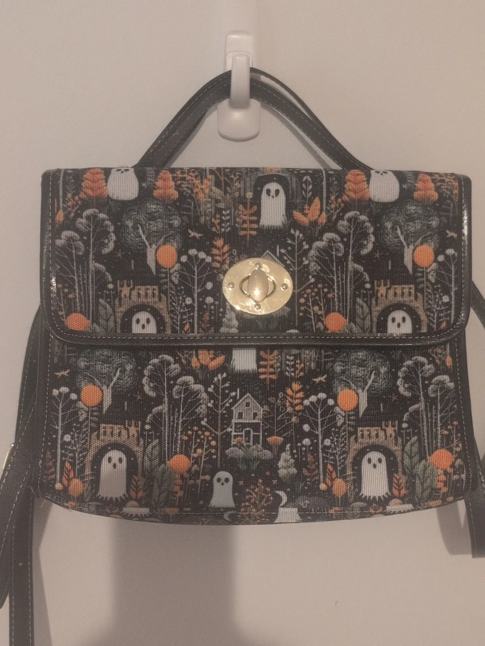 Whimsical Ghost Print Top-Handle Shoulder Bag in Black and Orange